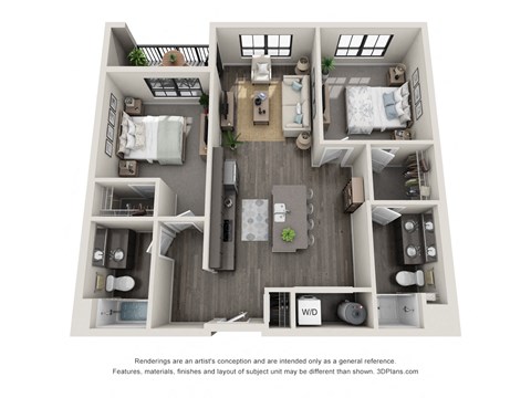Floor plan for 2 beds, 2 baths, 1053 sqft
